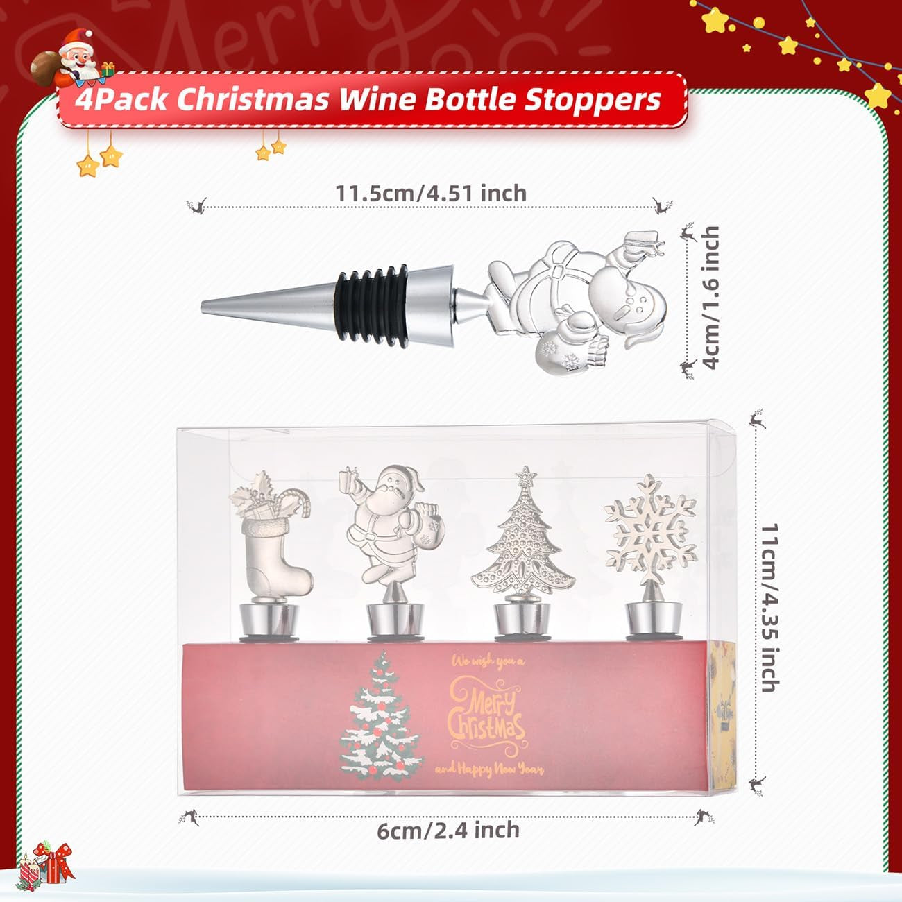 4-Pack Christmas Wine Bottle Stoppers