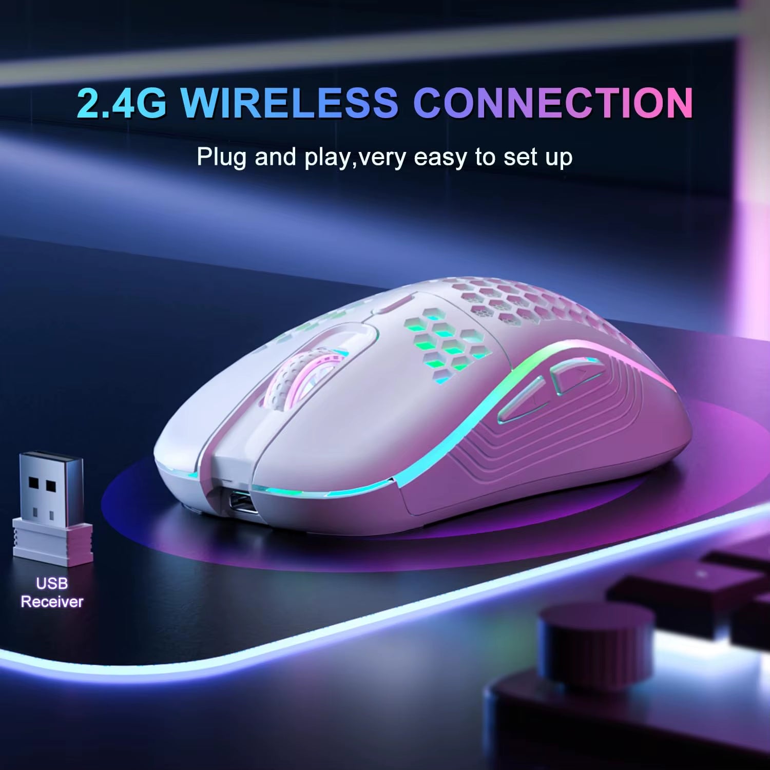 2.4G Wireless RGB Gaming Mouse – Rechargeable Type-C Ergonomic Honeycomb Design with 6 Buttons & 3 DPI Speeds