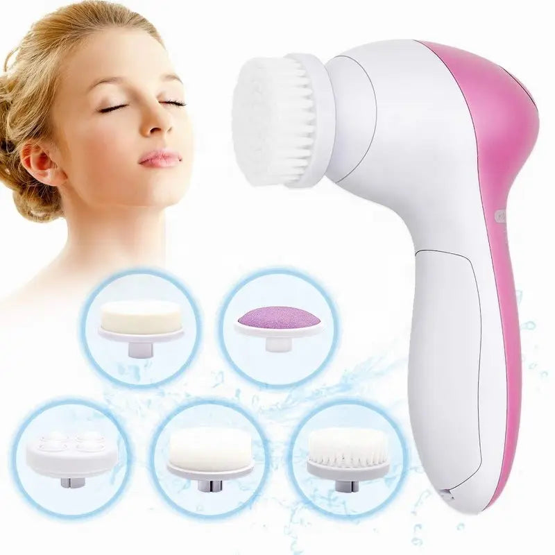 5-in-1 Electric Facial Cleansing Brush - Deep Cleaning Spa Massager & Blackhead Remover for Smooth Radiant Skin