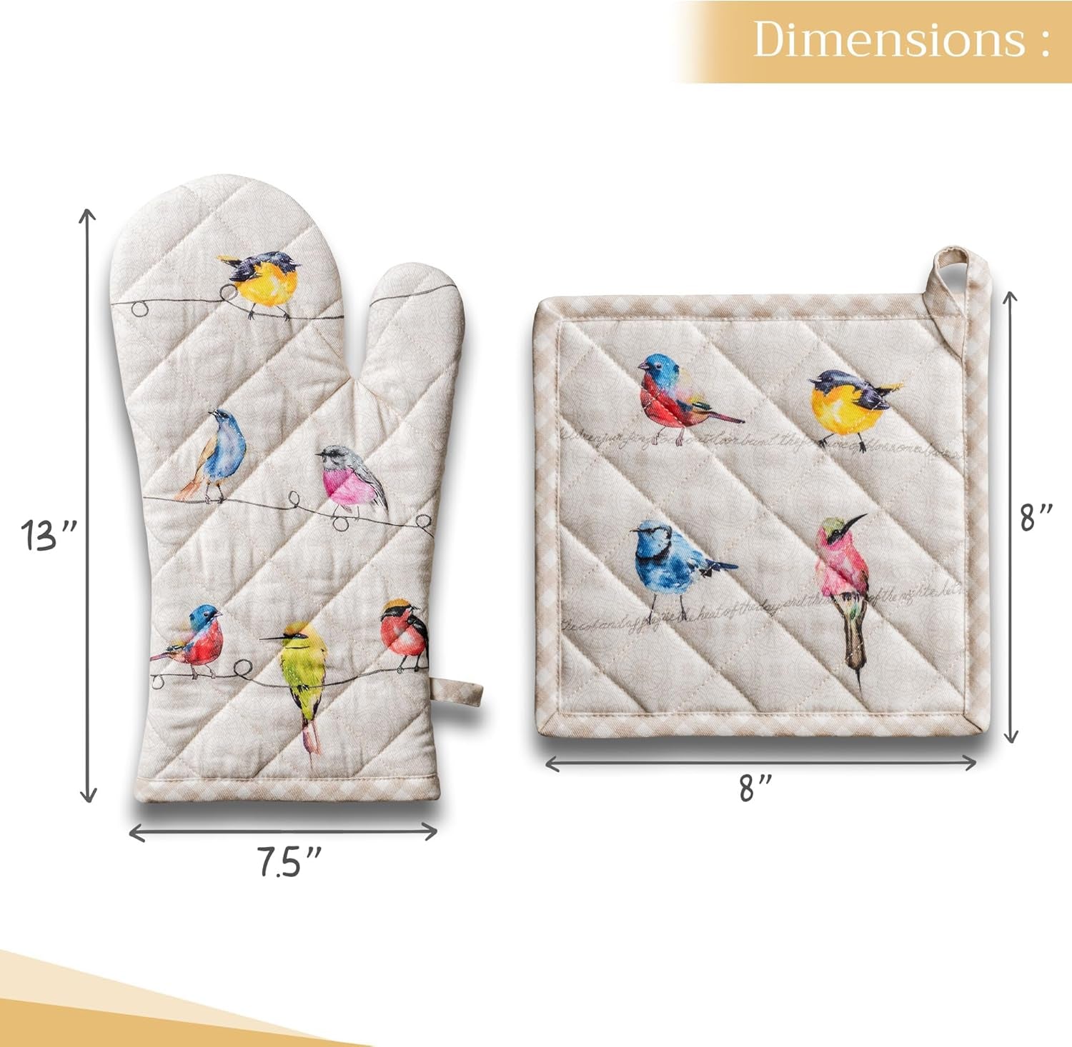 100% Cotton Oven Mitt & Pot Holder Set – Heat-Resistant Kitchen Gloves for Baking, Cooking & BBQ (Birdies on Wire