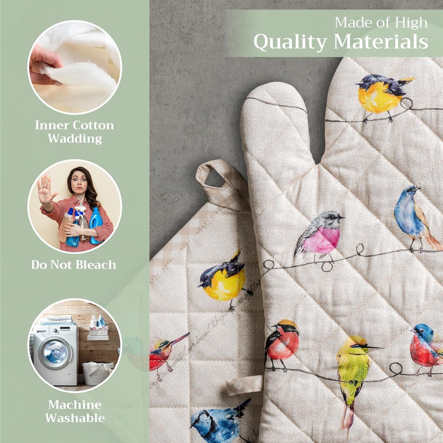 100% Cotton Oven Mitt & Pot Holder Set – Heat-Resistant Kitchen Gloves for Baking, Cooking & BBQ (Birdies on Wire