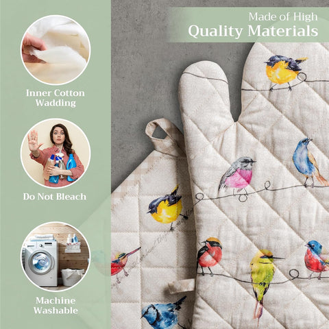 100% Cotton Oven Mitt & Pot Holder Set – Heat-Resistant Kitchen Gloves for Baking, Cooking & BBQ (Birdies on Wire