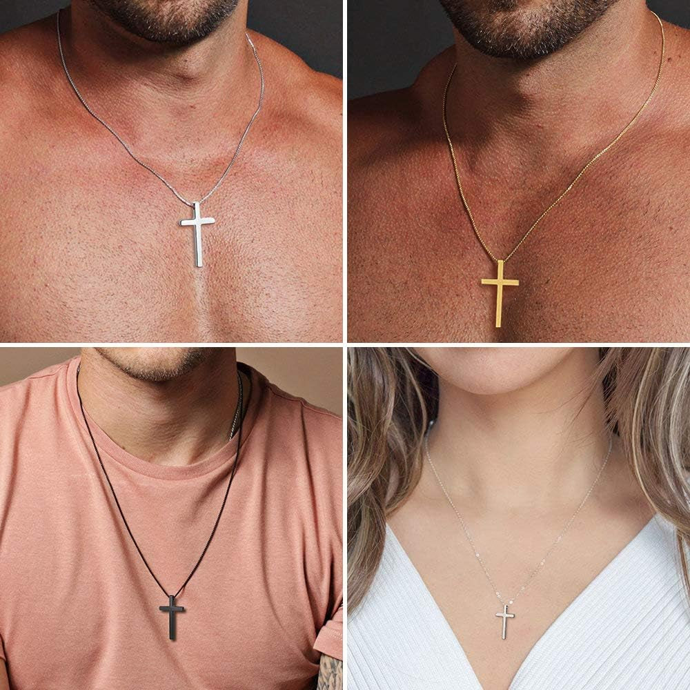 Men's Cross Necklace – Stainless Steel Plain Cross Pendant with Silver, Black & Gold Box Chain (16–30 Inch)