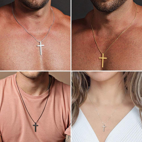 Men's Cross Necklace – Stainless Steel Plain Cross Pendant with Silver, Black & Gold Box Chain (16–30 Inch)