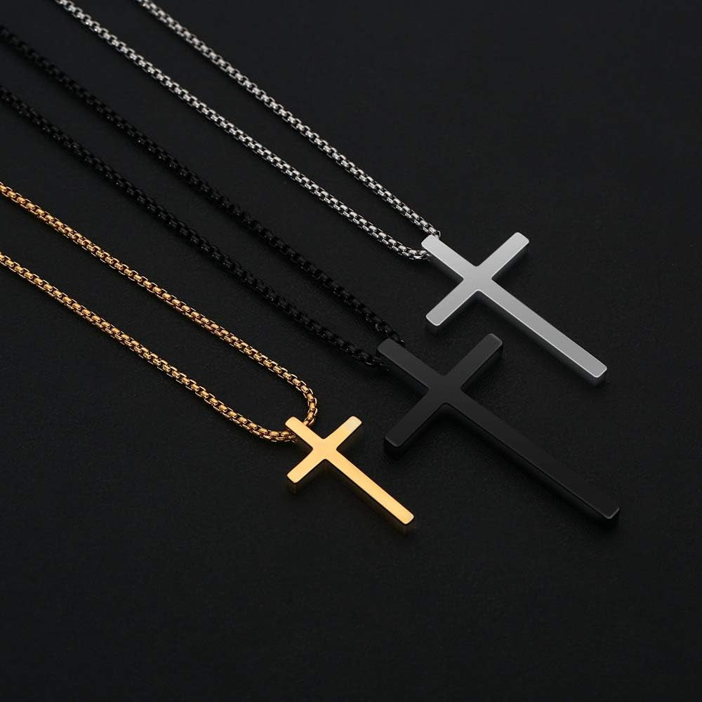Men's Cross Necklace – Stainless Steel Plain Cross Pendant with Silver, Black & Gold Box Chain (16–30 Inch)