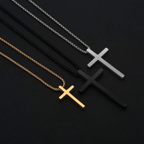 Men's Cross Necklace – Stainless Steel Plain Cross Pendant with Silver, Black & Gold Box Chain (16–30 Inch)