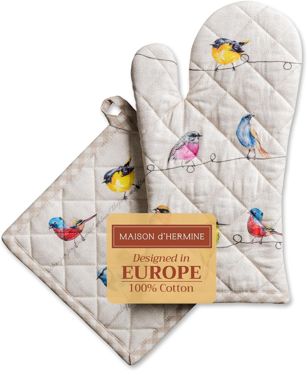 100% Cotton Oven Mitt & Pot Holder Set – Heat-Resistant Kitchen Gloves for Baking, Cooking & BBQ (Birdies on Wire