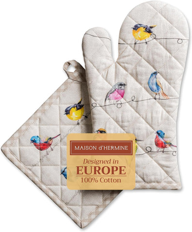 100% Cotton Oven Mitt & Pot Holder Set – Heat-Resistant Kitchen Gloves for Baking, Cooking & BBQ (Birdies on Wire