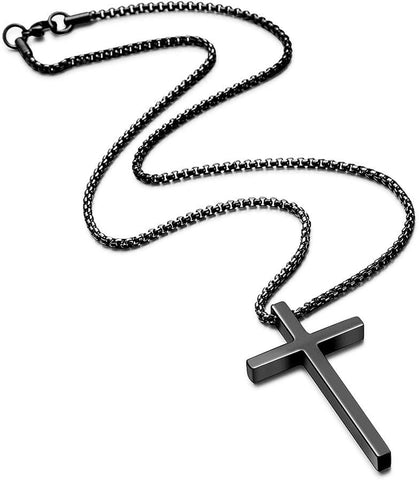 Men's Cross Necklace – Stainless Steel Plain Cross Pendant with Silver, Black & Gold Box Chain (16–30 Inch)