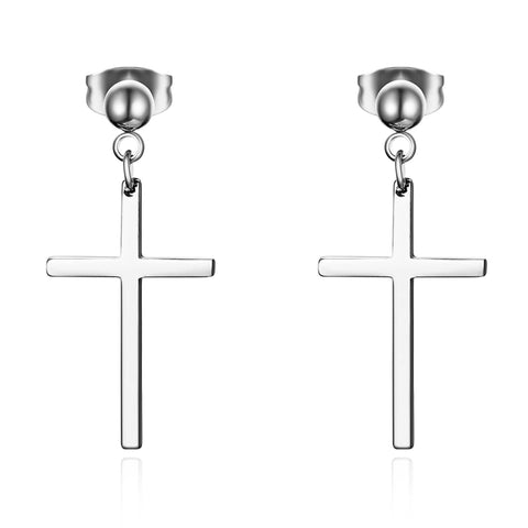 Elegant Stainless Steel Pearl Cross Drop Earrings
