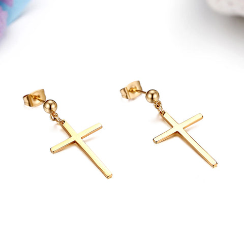 Elegant Stainless Steel Pearl Cross Drop Earrings