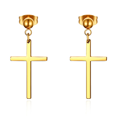 Elegant Stainless Steel Pearl Cross Drop Earrings
