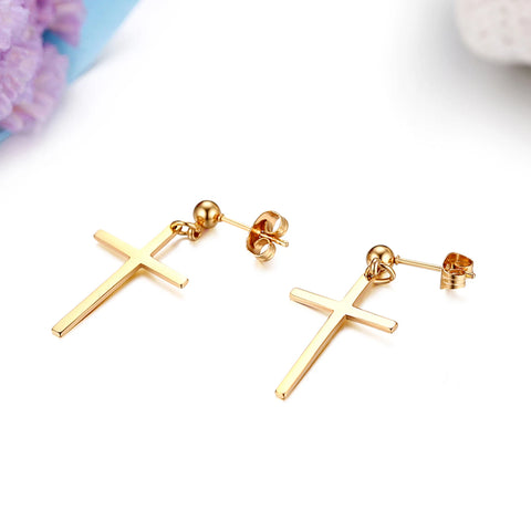 Elegant Stainless Steel Pearl Cross Drop Earrings