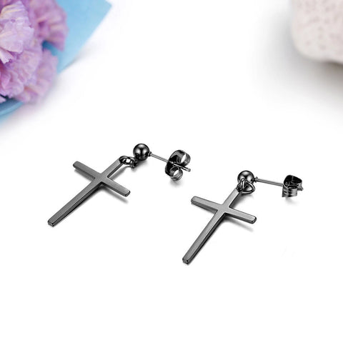 Elegant Stainless Steel Pearl Cross Drop Earrings