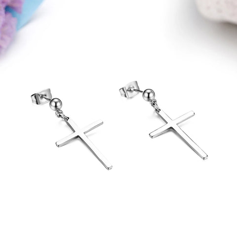 Elegant Stainless Steel Pearl Cross Drop Earrings