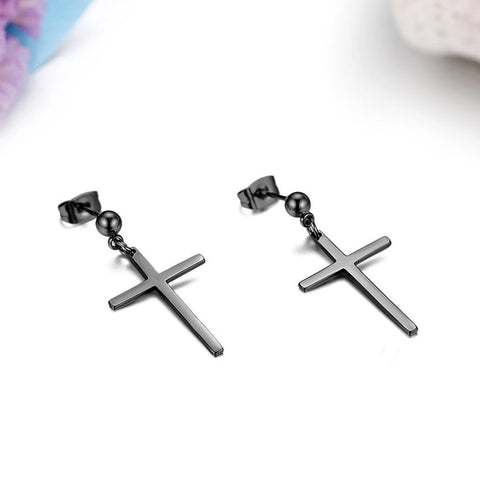 Elegant Stainless Steel Pearl Cross Drop Earrings
