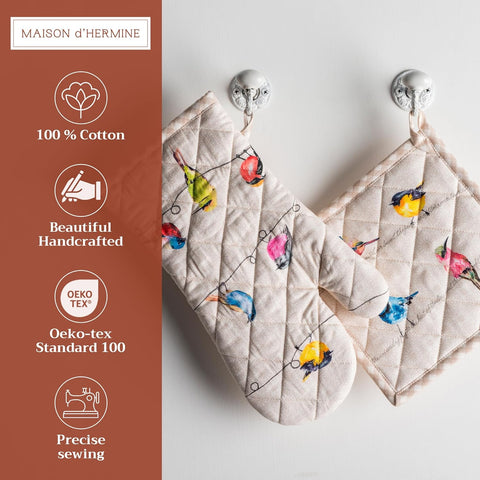 100% Cotton Oven Mitt & Pot Holder Set – Heat-Resistant Kitchen Gloves for Baking, Cooking & BBQ (Birdies on Wire