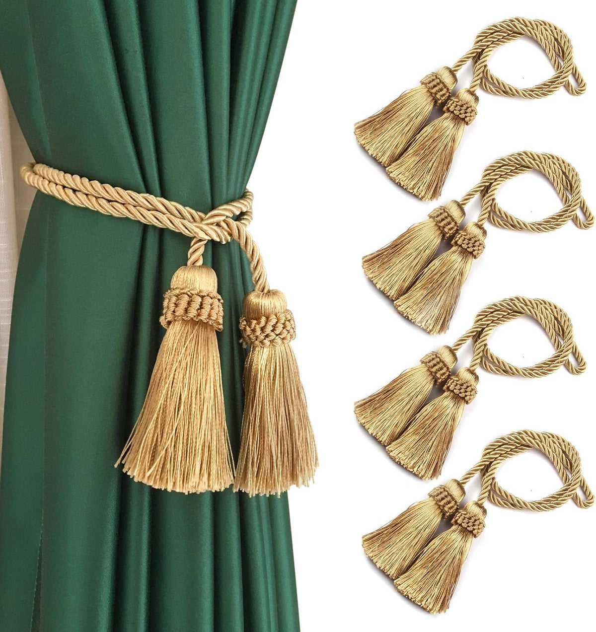 Handmade Curtain Tiebacks with Tassels – Decorative Rope Holdbacks for Drapes (Gold, 4-Pack)
