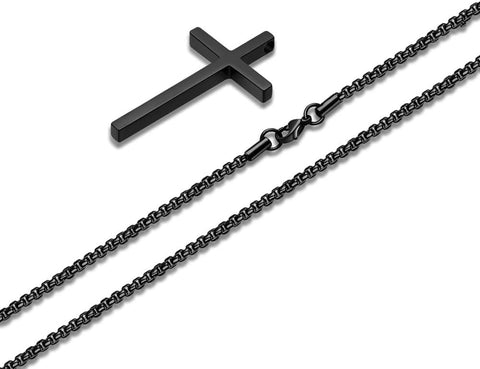 Men's Cross Necklace – Stainless Steel Plain Cross Pendant with Silver, Black & Gold Box Chain (16–30 Inch)