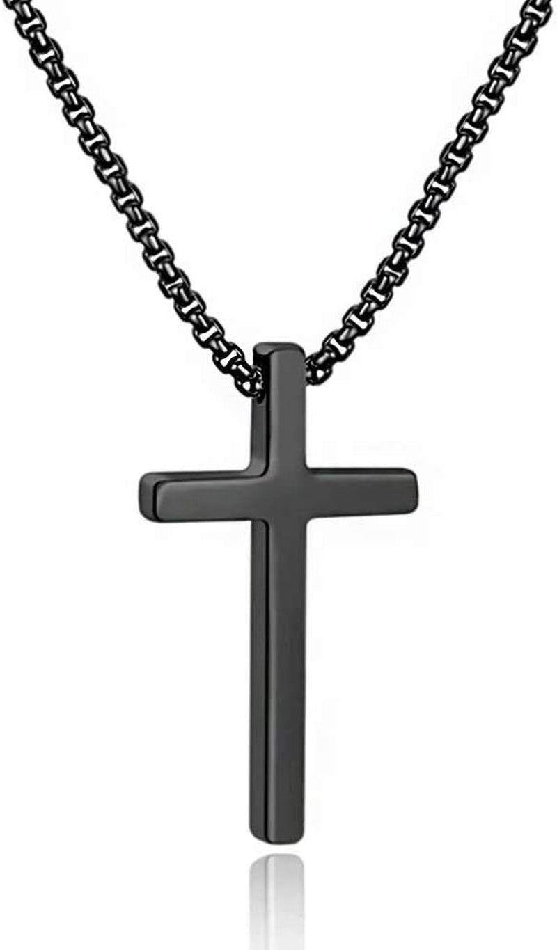 Men's Cross Necklace – Stainless Steel Plain Cross Pendant with Silver, Black & Gold Box Chain (16–30 Inch)