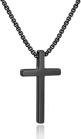 Men's Cross Necklace – Stainless Steel Plain Cross Pendant with Silver, Black & Gold Box Chain (16–30 Inch)