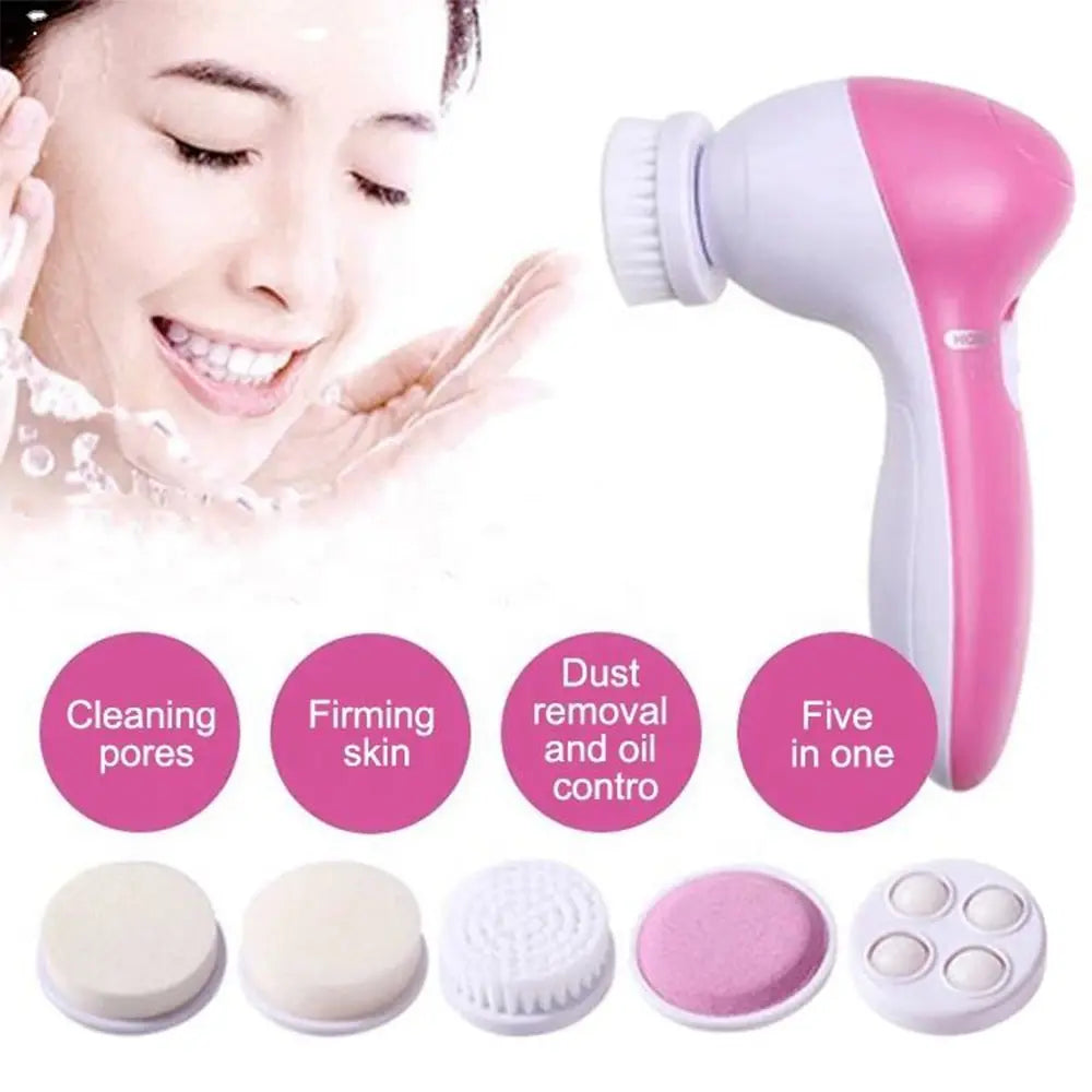 5-in-1 Electric Facial Cleansing Brush - Deep Cleaning Spa Massager & Blackhead Remover for Smooth Radiant Skin