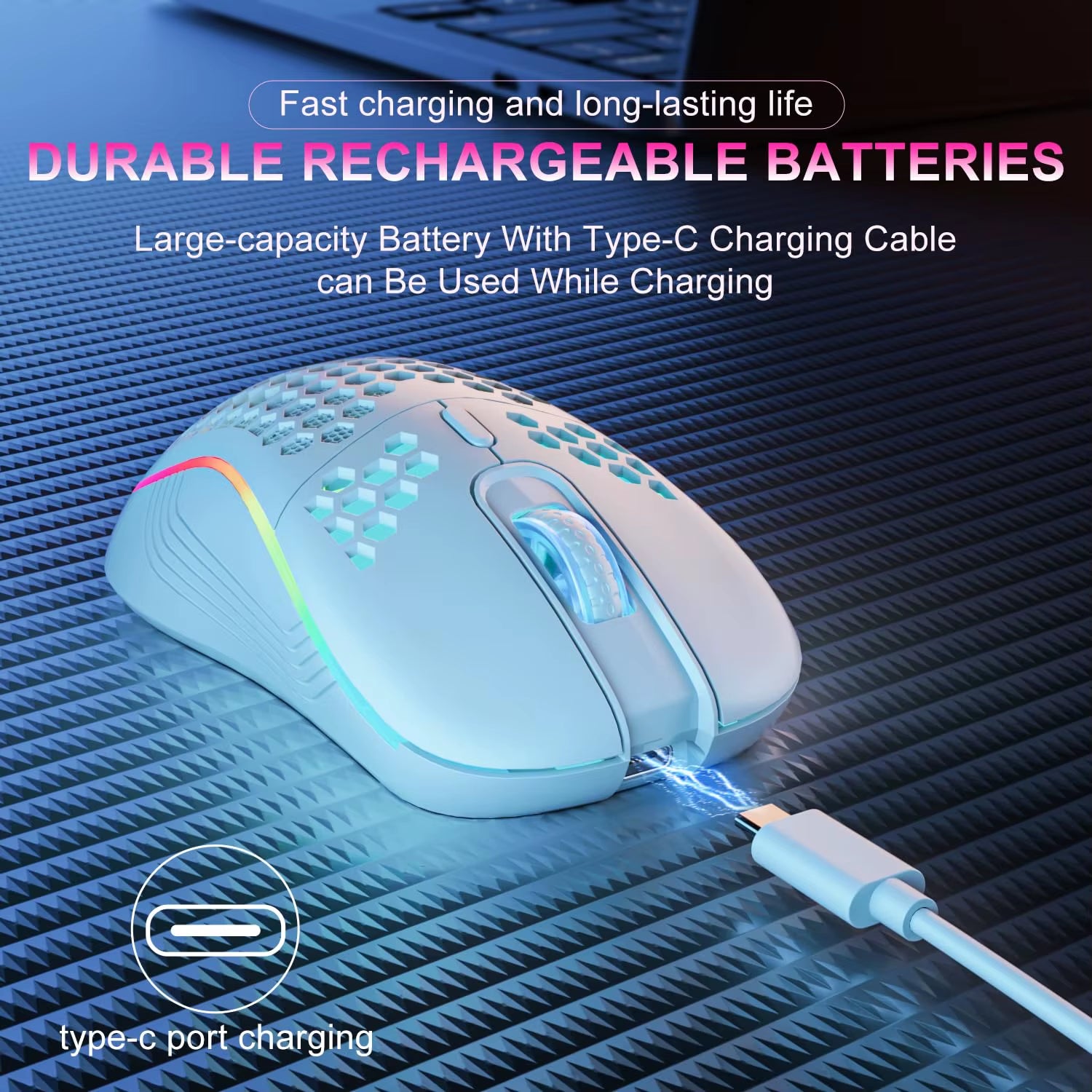 2.4G Wireless RGB Gaming Mouse – Rechargeable Type-C Ergonomic Honeycomb Design with 6 Buttons & 3 DPI Speeds