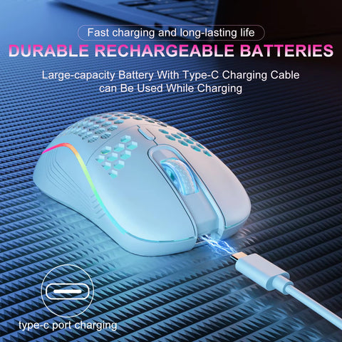 2.4G Wireless RGB Gaming Mouse – Rechargeable Type-C Ergonomic Honeycomb Design with 6 Buttons & 3 DPI Speeds