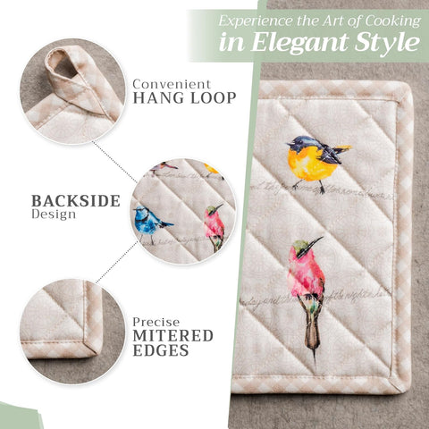 100% Cotton Oven Mitt & Pot Holder Set – Heat-Resistant Kitchen Gloves for Baking, Cooking & BBQ (Birdies on Wire
