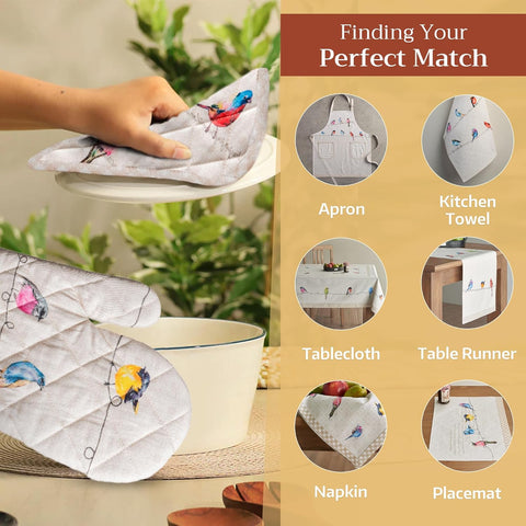 100% Cotton Oven Mitt & Pot Holder Set – Heat-Resistant Kitchen Gloves for Baking, Cooking & BBQ (Birdies on Wire