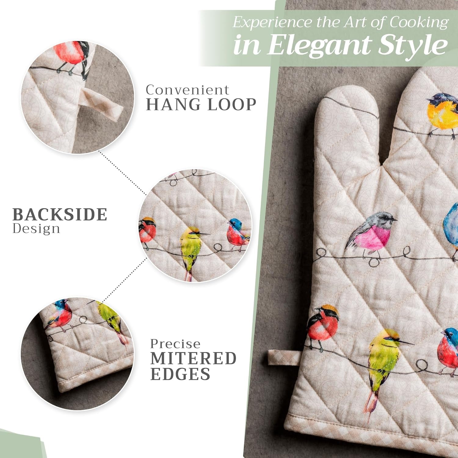 100% Cotton Oven Mitt & Pot Holder Set – Heat-Resistant Kitchen Gloves for Baking, Cooking & BBQ (Birdies on Wire